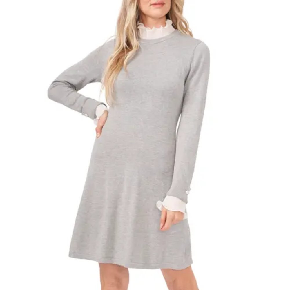 CeCe Light Gray Long Sleeve Ruffle-Trim Knit Dress